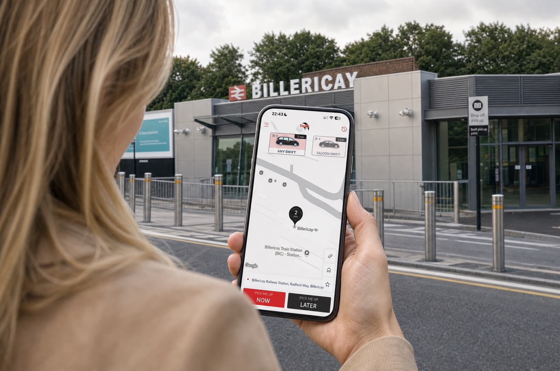 Booking a Swift Cars taxi on the app outside Billericay station